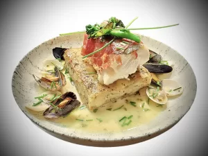 Pan Fried Sea Bass Main Course at The Brook Inn Restaurant